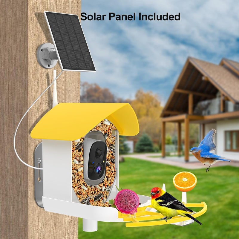 Fazoxo Smart Bird Feeder with Camera, Birds AI Identify, Motion Detection with Real-Time Notice, WiFi FHD Bird Camera, Auto Capture, Solar Powered Outdoor Charging Bird House, IP65 Waterproof,Yellow - Image 3